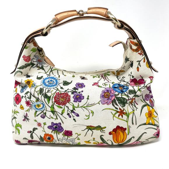 Gucci Horsebit Hobo Multicolor Flora Floral Cloth Leather Shoulder Bag Purse - Picture 5 of 17